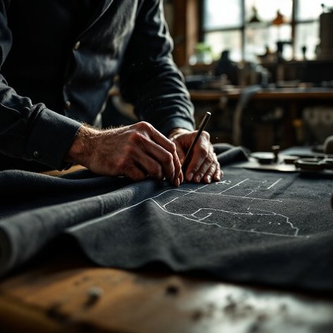 Craftsman's hands sketching on dark fabric with a pencil.