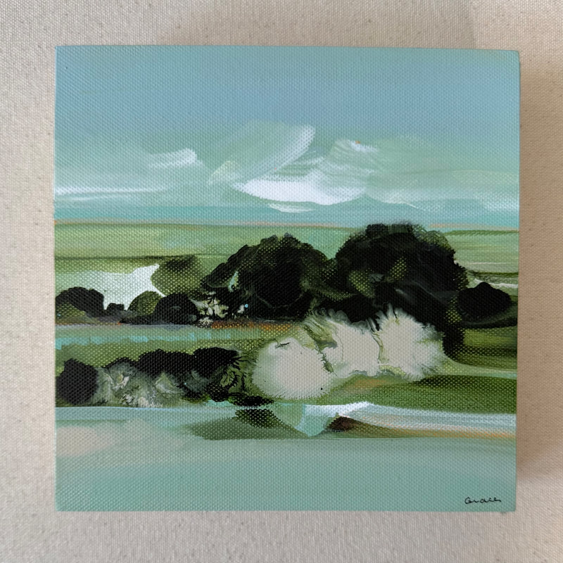 Softened Distance, Acrylic on Recycled Plastic Mounted Canvas Panel, 6 × 6 in — original painting by Grace Martin Franklin