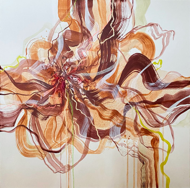 Resplendent and Solemn Reminders Series: Irradiated Red Spider Lily, Acrylic and Pastel on Canvas, 24 × 24 in — original painting by Grace Martin Franklin